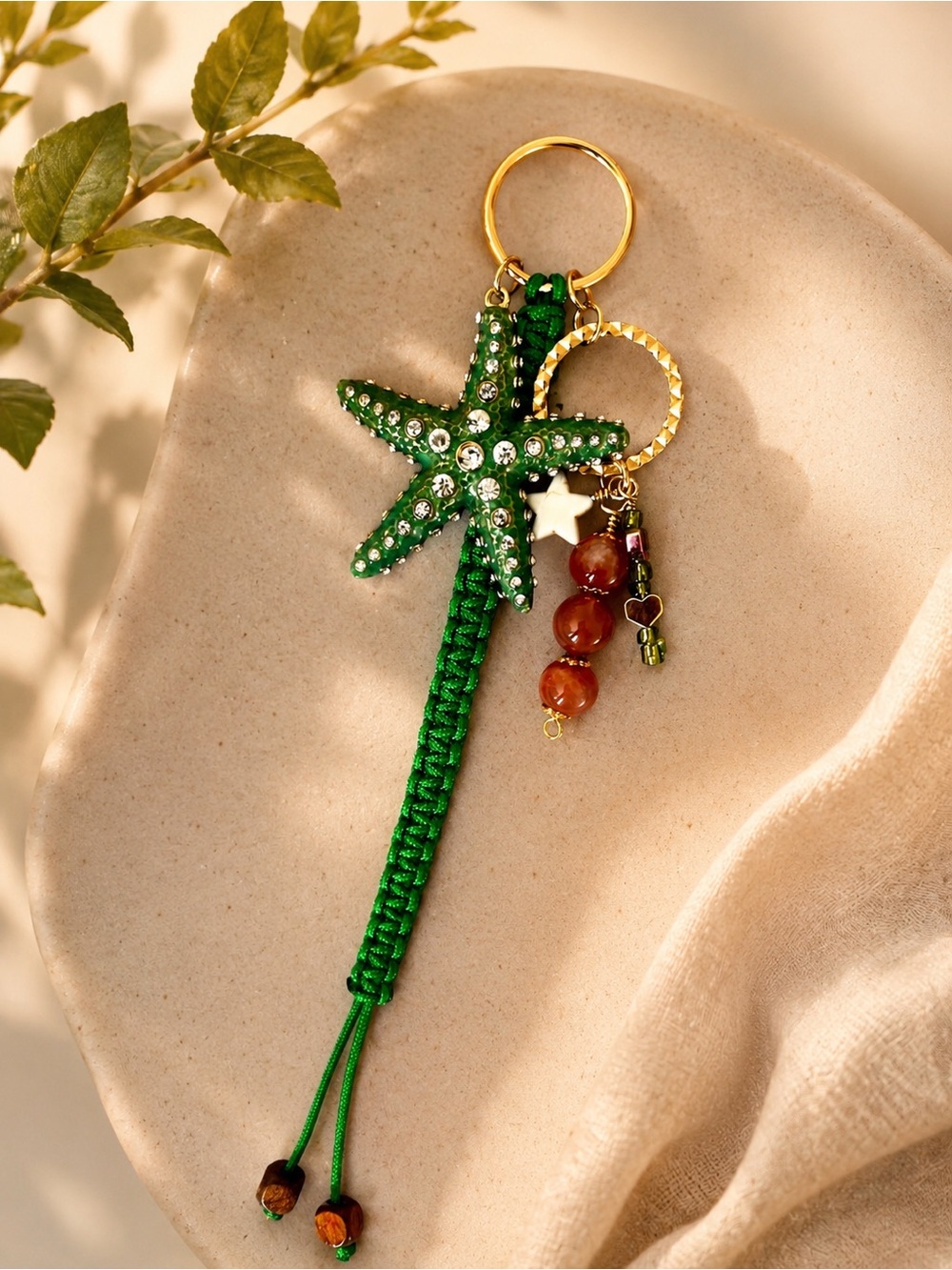 Green Starfish Beaded Tassel Keychain